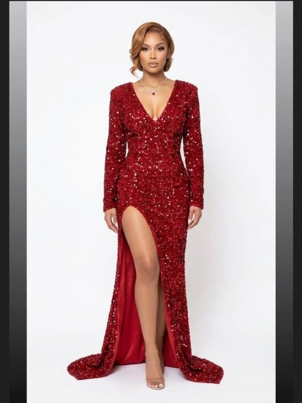 New Asymmetrical Deep Red Sequined Prom/Formal Gown